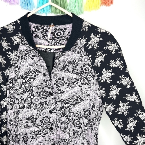 Free People Black and Purple Floral Snap Button Long Sleeve Bomber Jacket Small - Picture 6 of 16
